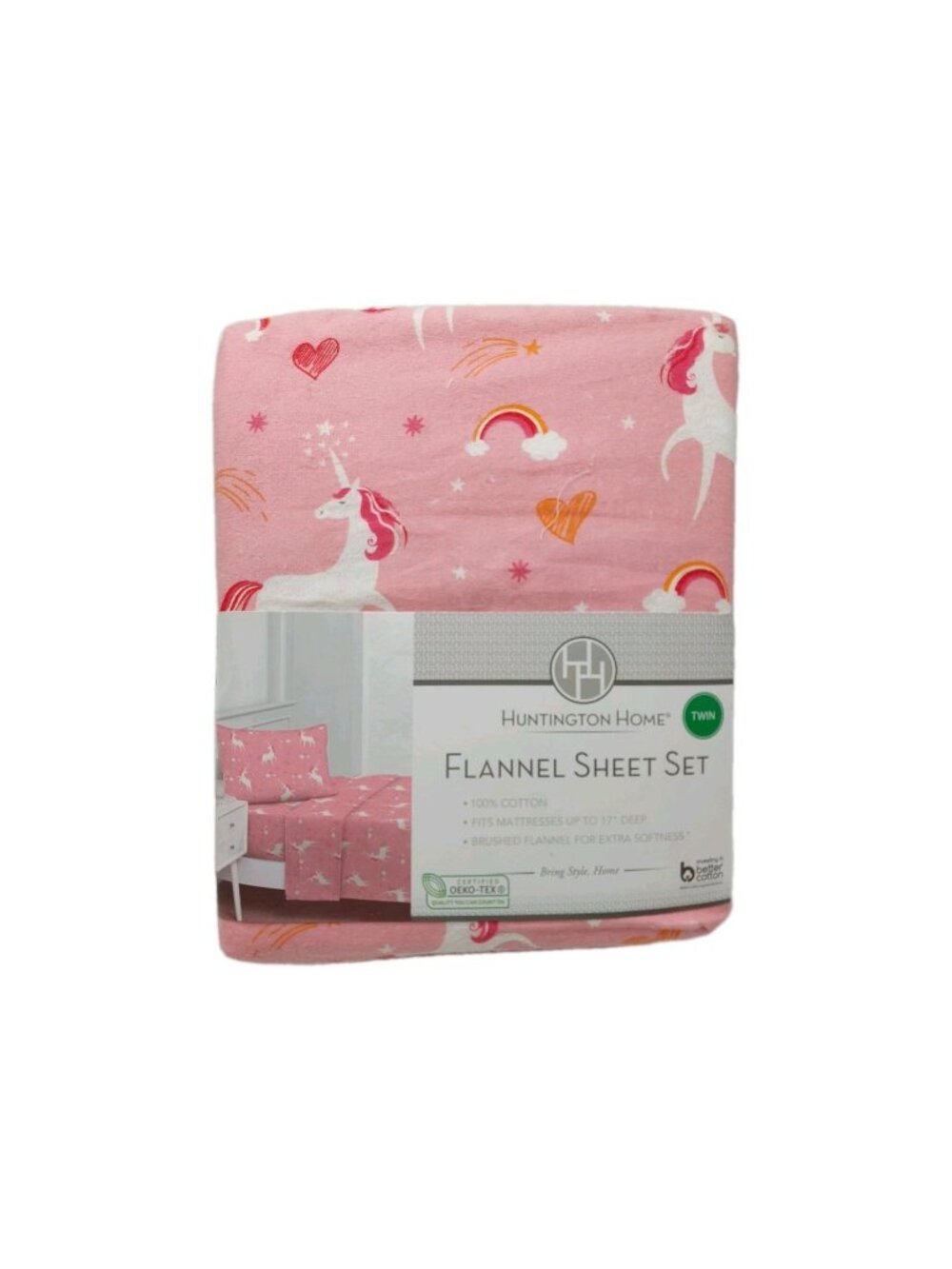 Huntington Home Winter Flannel Twin 3 pc Sheet Set Pink Unicorn Rainbow